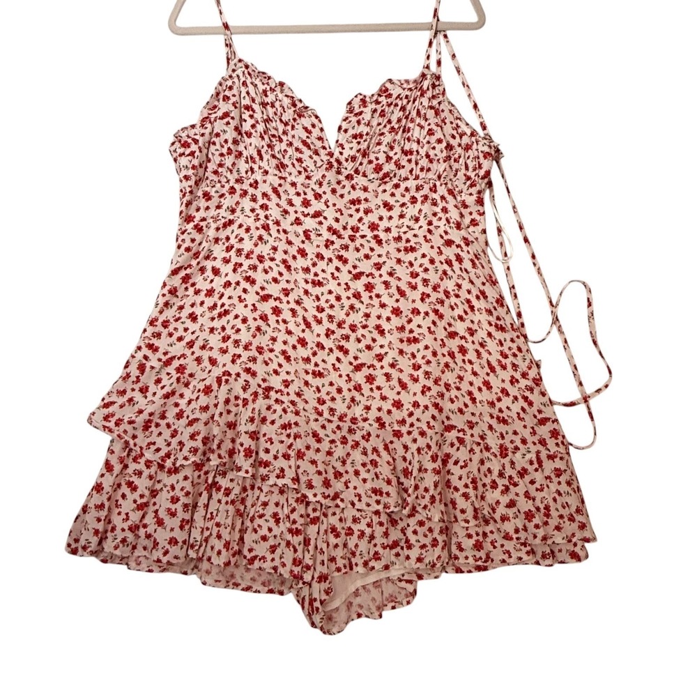 Altar'd State Ivory Red Floral Bishlyn Romper XXL Ruffle Tiered Skirt Overlay